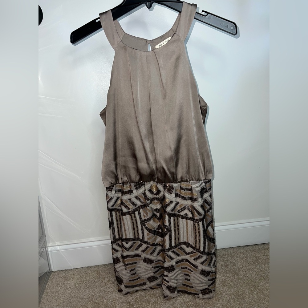 Tan sleeveless mini dress with sequins
